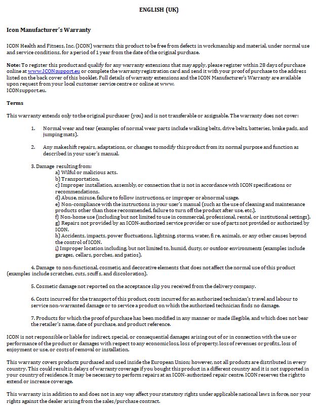 Warranty Terms ProForm